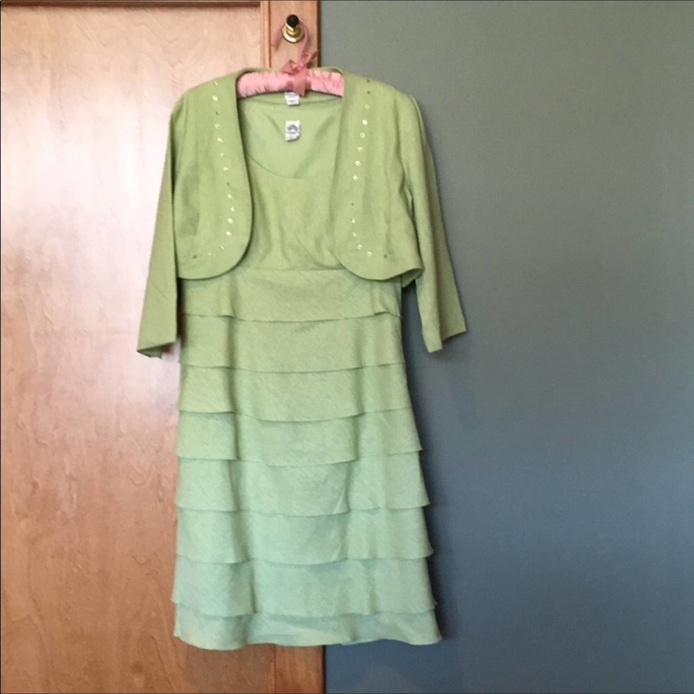 Spring green tiered ruffle dress with shrug